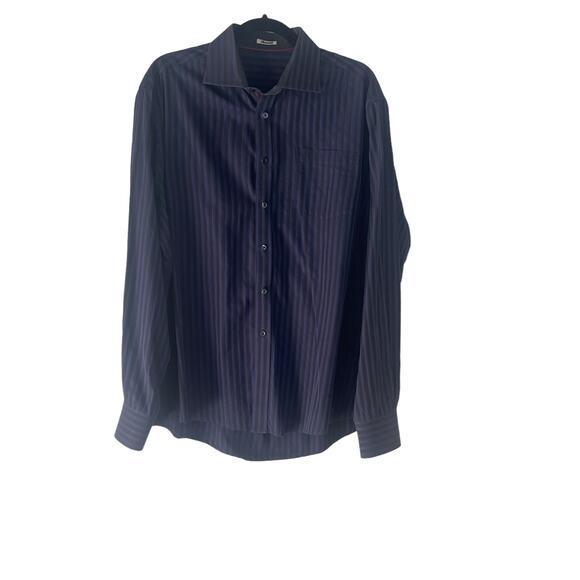 Bugatchi Size XL Blue Black Shaped Fit Striped Print Cotton Button Up Shirt - Picture 1 of 8